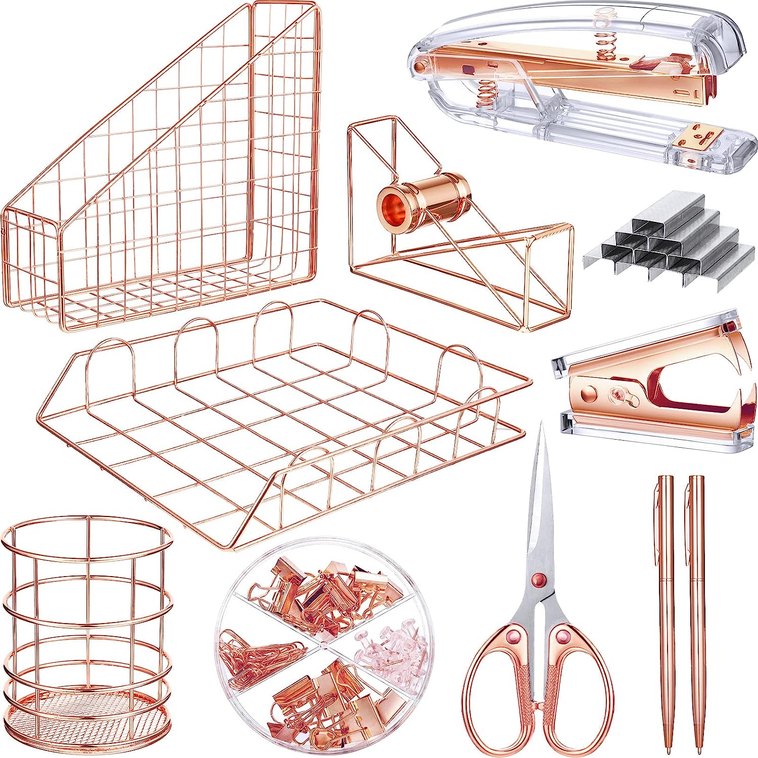 230527222224482_1 Rose Gold Desk Accessories Office Supplies Set, File Holder, Magazine File Organizer, Pen Holder, Stapler, Staple Remover, Staples, Tape Dispenser, Ballpoint Pen, Scissor, Binder Clips for Office - Image 1